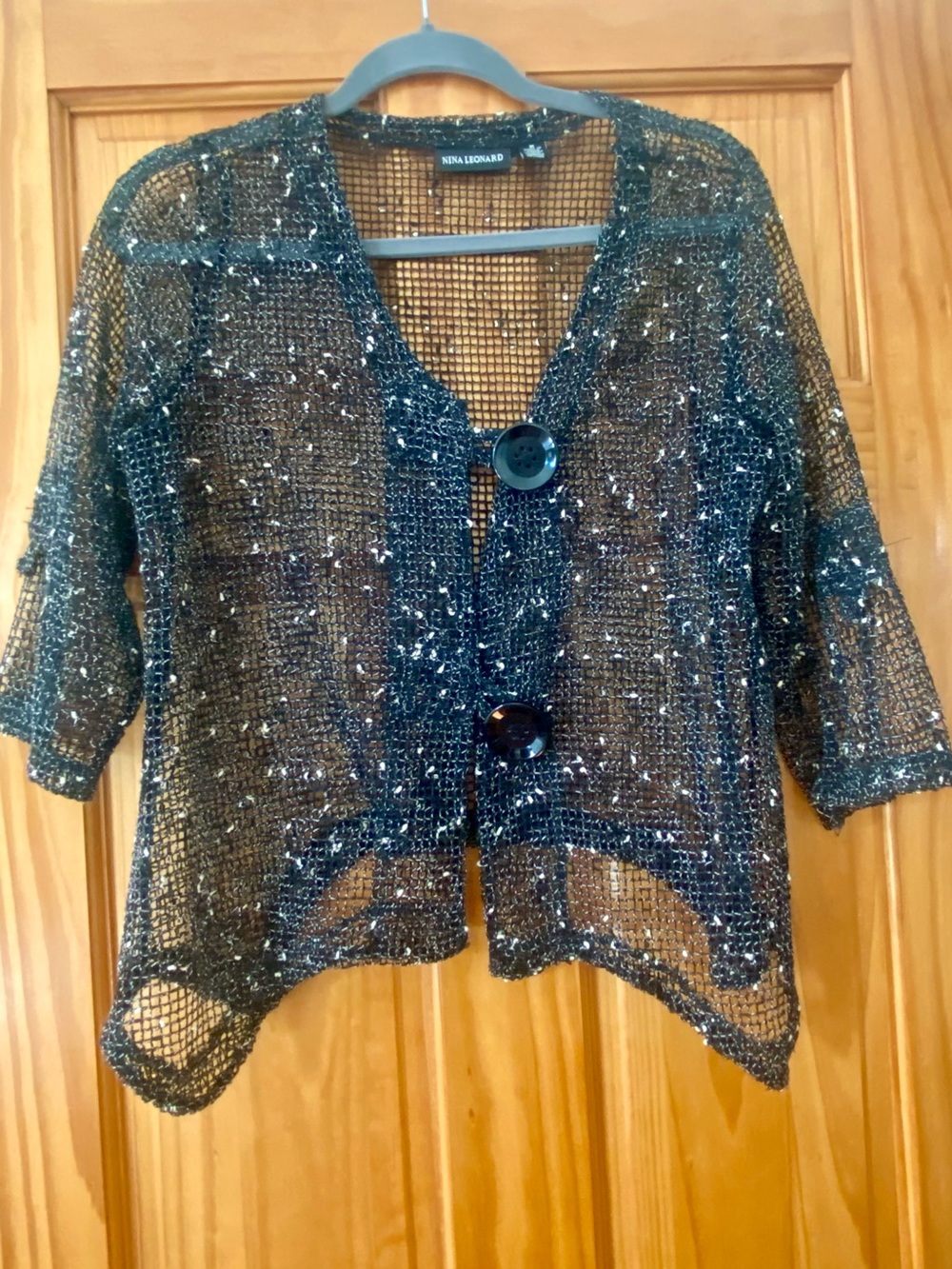 Nina Leonard Open Knit Cardigan Medium Black White Speckled Crochet Shrug Boho